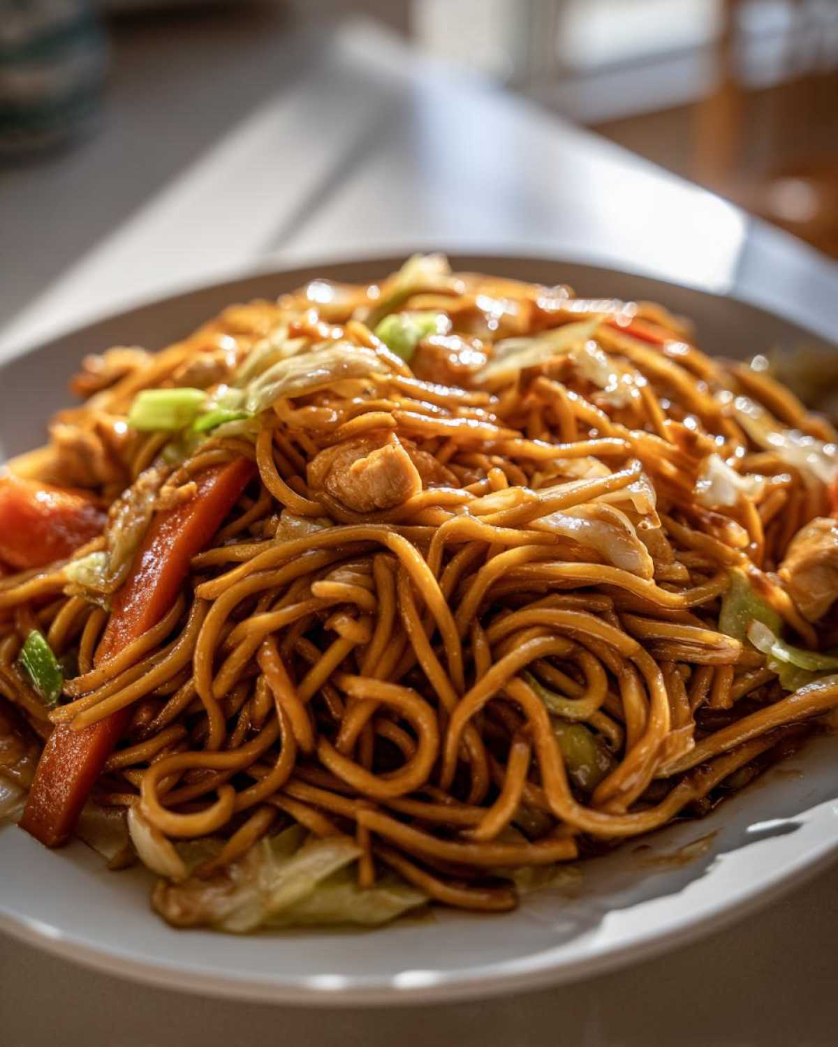 A close-up shot of a plate piled high with glossy, saucy chicken chow mein recipe noodles, mixed with cabbage and carrots.