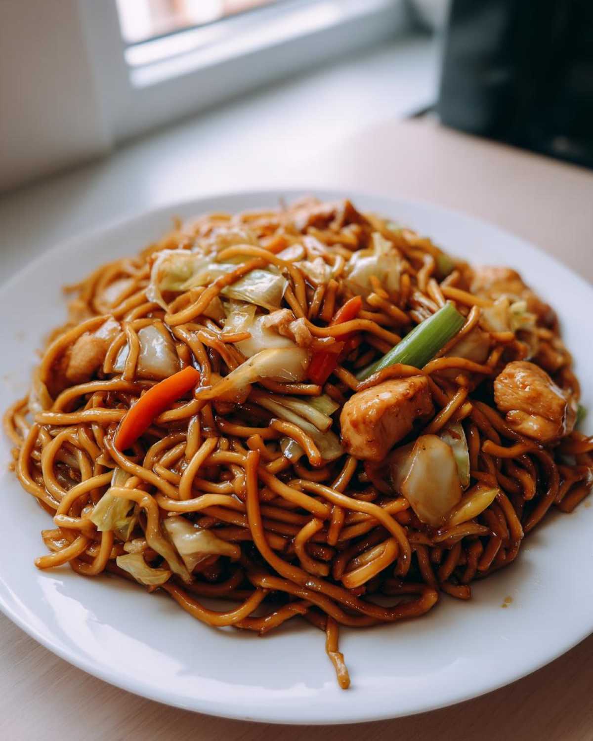 Close-up of a serving of flavorful chicken chow mein recipe with noodles, chicken pieces, and cabbage.