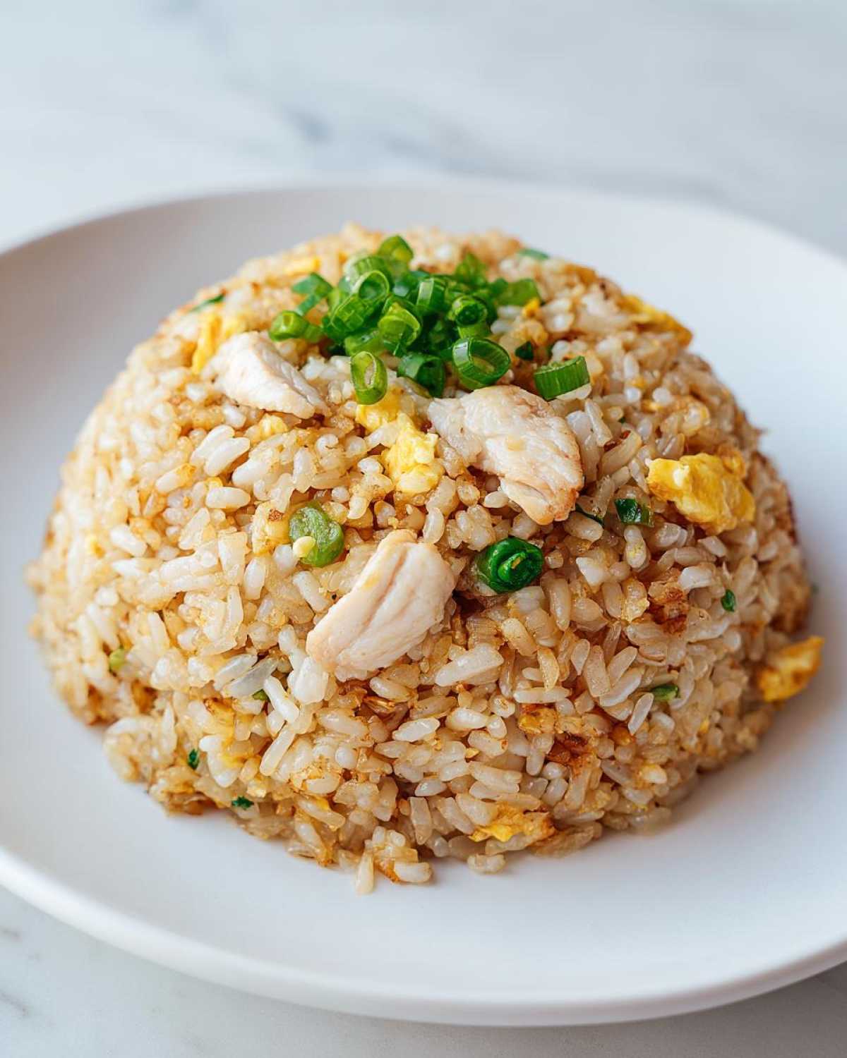 A perfectly shaped mound of flavorful chicken fried rice mixed with egg and peas, topped with fresh green onions.
