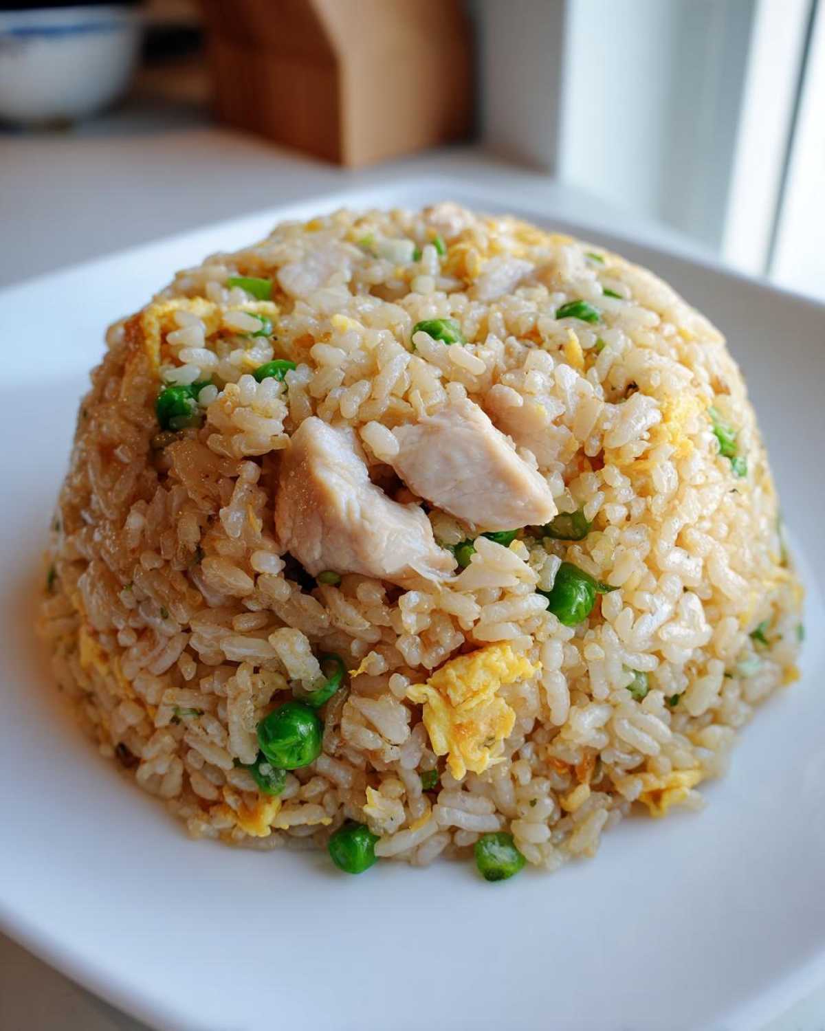 A mound of delicious chicken fried rice featuring visible pieces of white chicken meat, bright green peas, and scrambled egg.