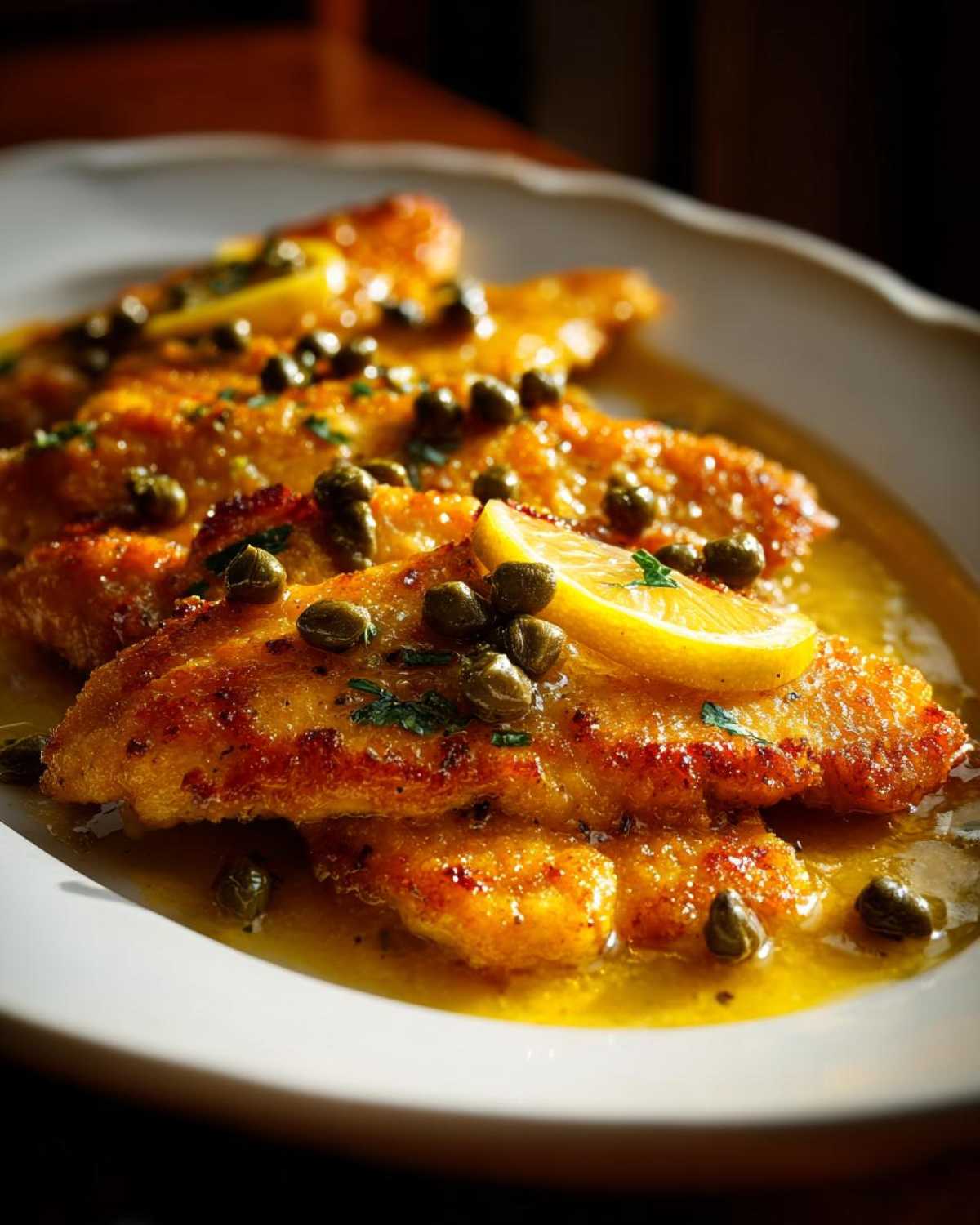 Close-up of pan-fried chicken piccata fillets covered in a bright lemon-butter sauce, capers, and lemon slices.