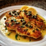 Three golden-brown pieces of chicken piccata served in a bright lemon-butter sauce, topped with capers and parsley.