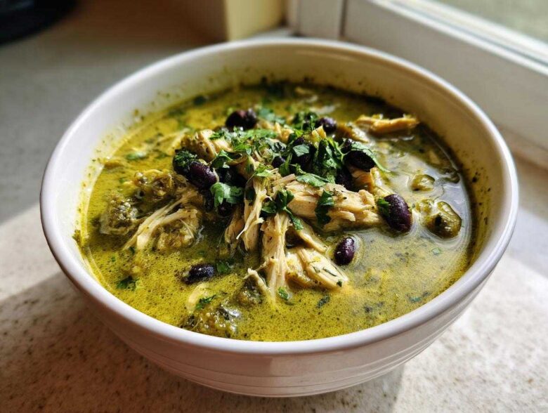 Close-up of a white bowl filled with creamy, green chicken poblano soup recipe, topped with shredded chicken, black beans, and cilantro.