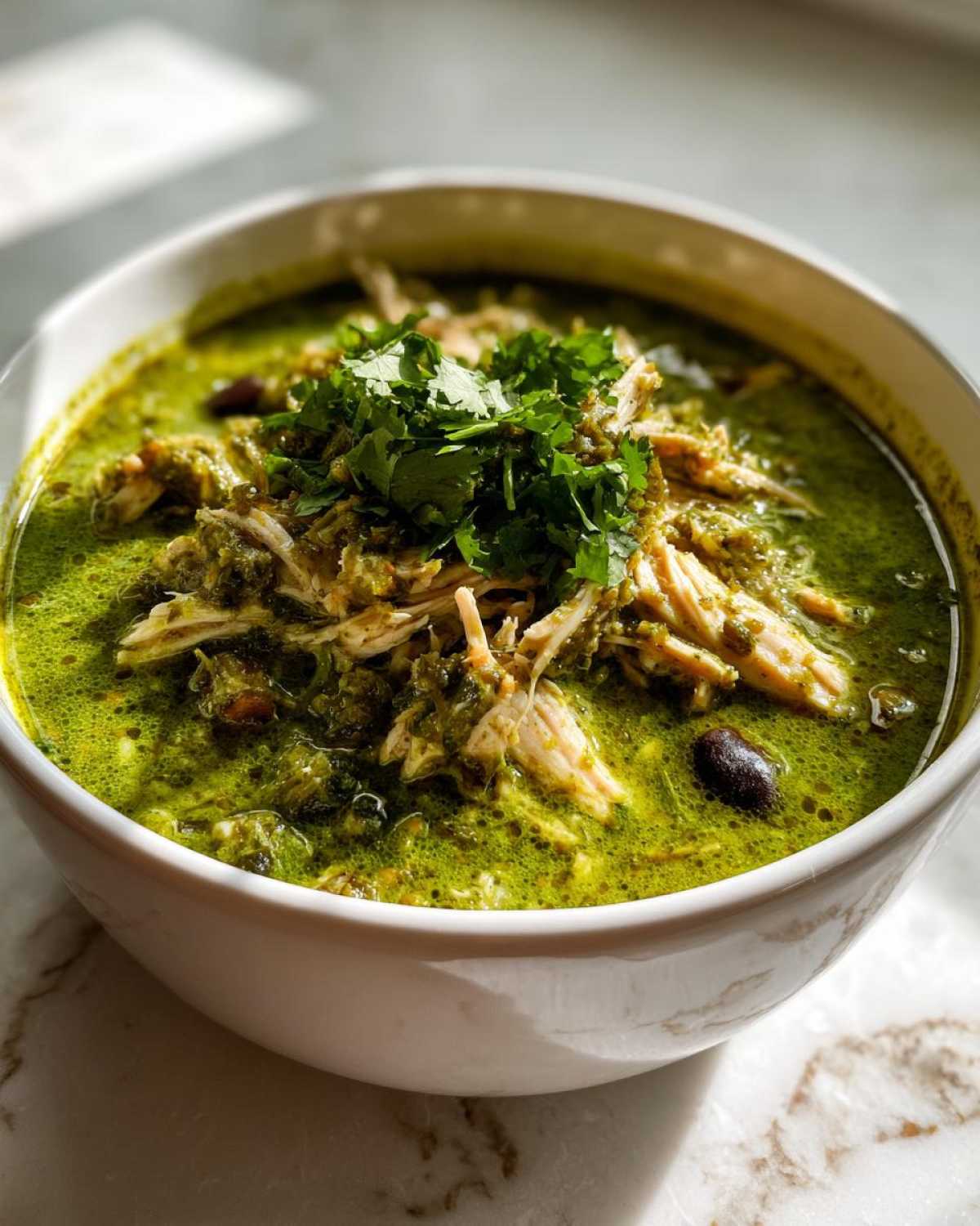A close-up of a white bowl filled with vibrant green chicken poblano soup recipe, topped with shredded chicken and fresh cilantro.