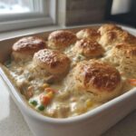 A white baking dish filled with creamy chicken pot pie casserole topped with golden brown biscuits.