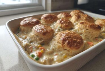 A white baking dish filled with creamy chicken pot pie casserole topped with golden brown biscuits.