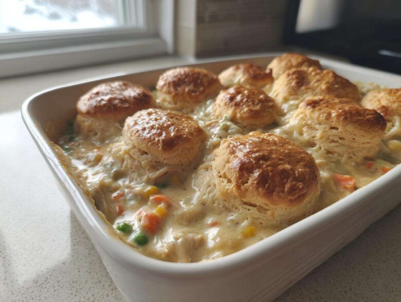 A white baking dish filled with creamy chicken pot pie casserole topped with golden brown biscuits.