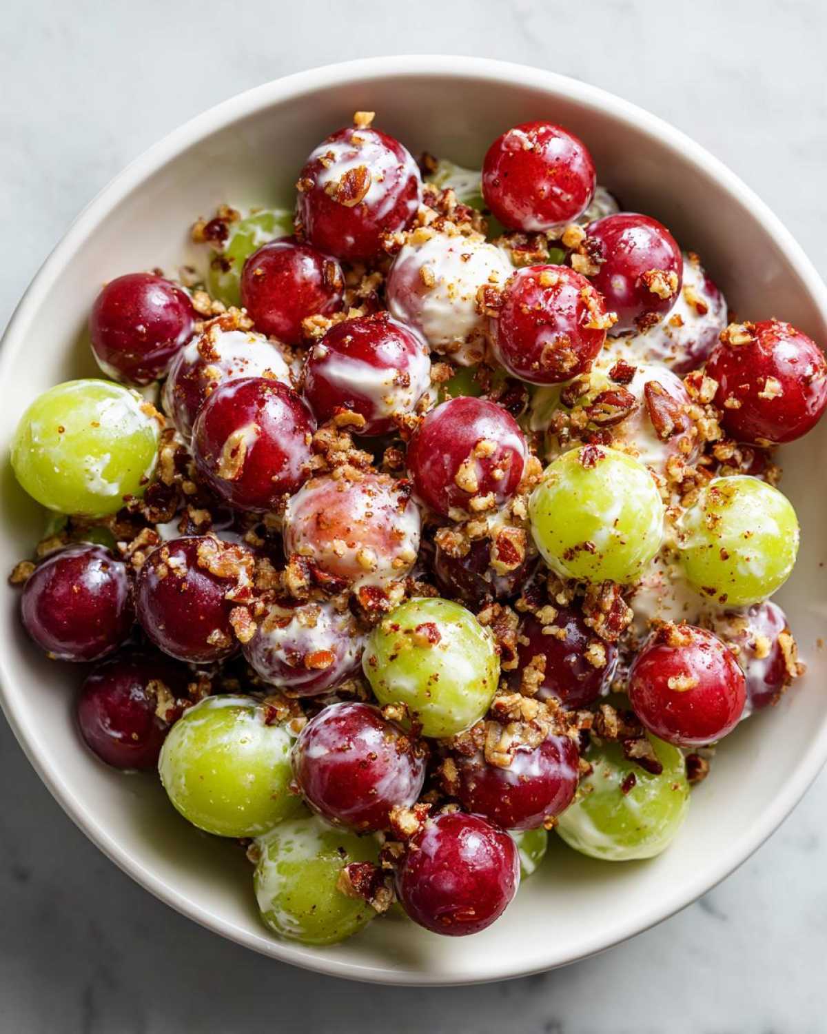 A close-up overhead view of a creamy grape salad, similar to chicken salad chick grape salad, featuring red and green grapes coated in dressing and topped with chopped pecans.