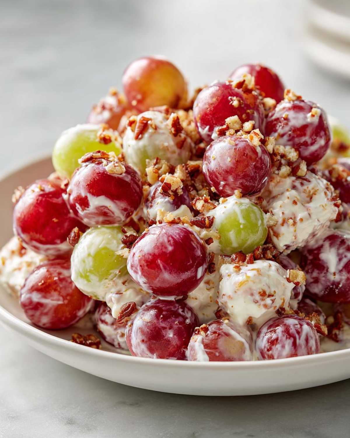 A close-up of creamy chicken salad chick grape salad featuring red and green grapes coated in dressing and topped with chopped pecans.