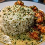 Close-up of chicken scampi pieces next to a mound of garlic parmesan rice in a creamy sauce.