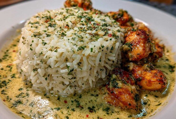 Close-up of chicken scampi pieces next to a mound of garlic parmesan rice in a creamy sauce.