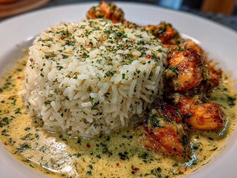 Close-up of chicken scampi pieces next to a mound of garlic parmesan rice in a creamy sauce.