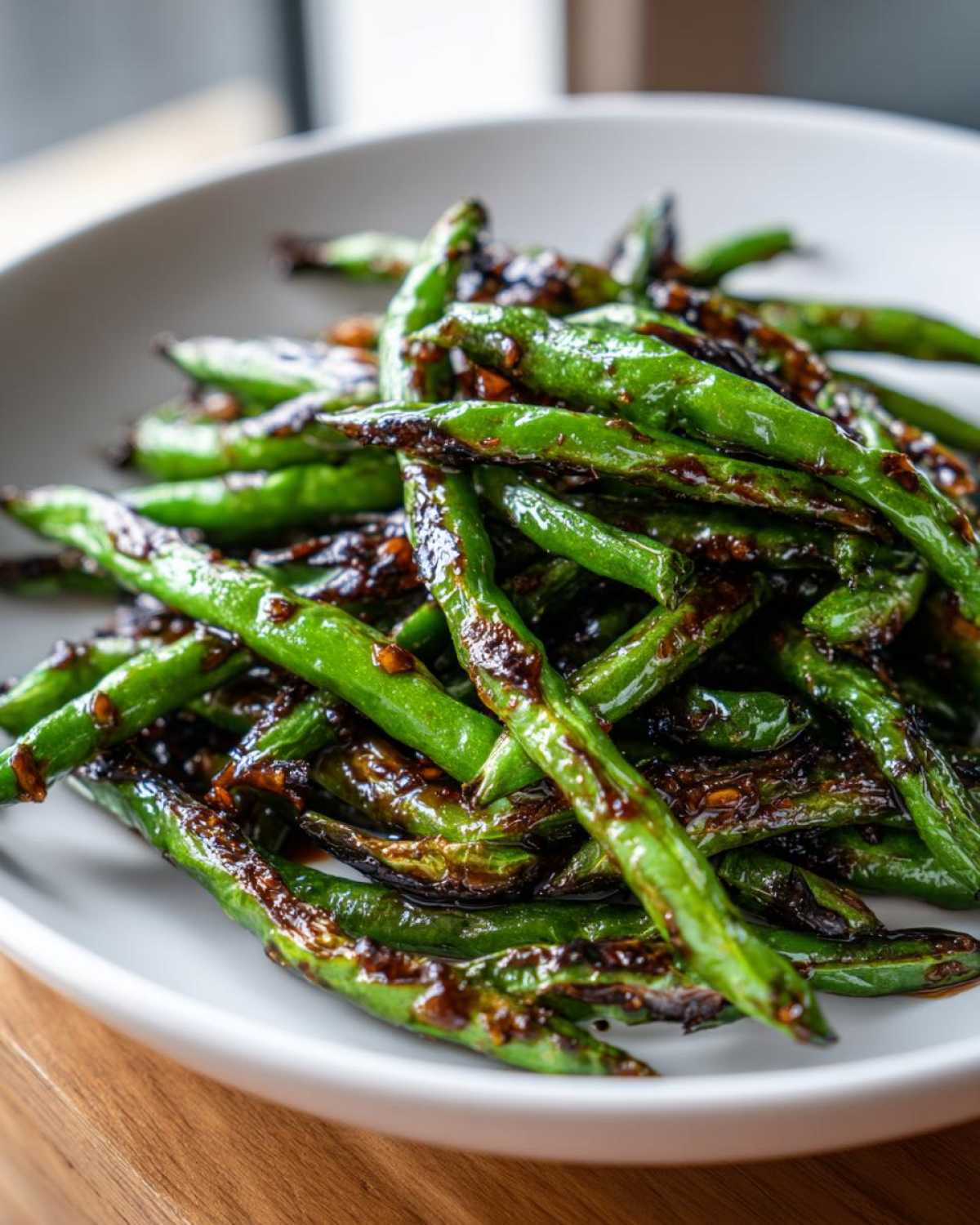 A close-up of vibrant, blistered chinese green beans with garlic sauce piled on a white plate.