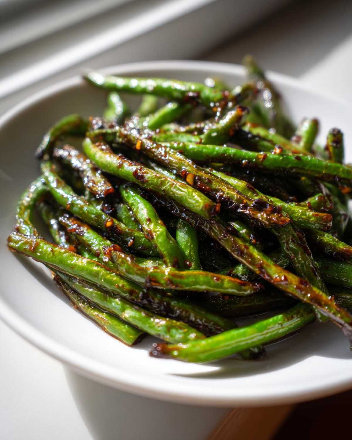 A close-up of vibrant, blistered chinese green beans with garlic sauce served in a white bowl.