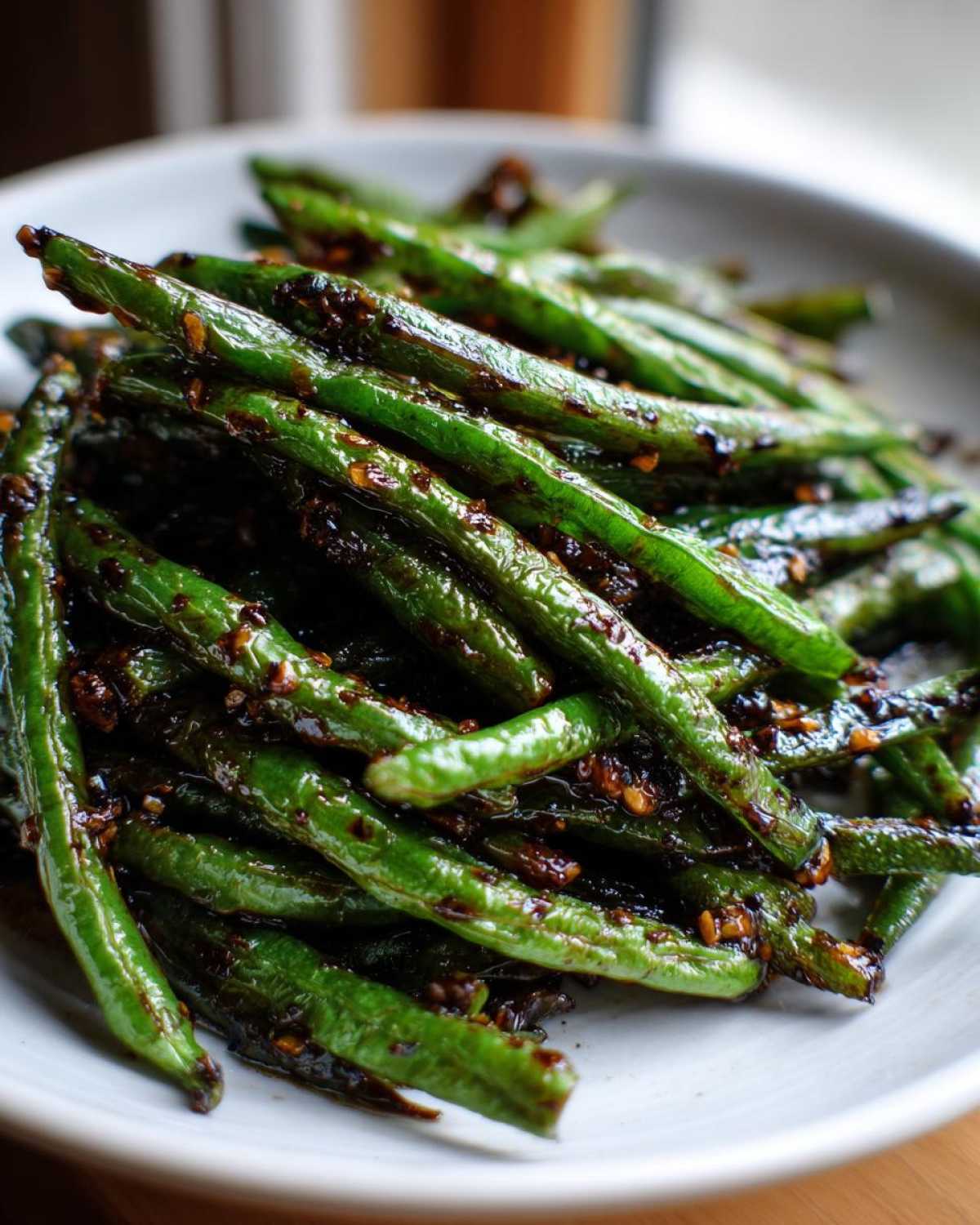 A close-up of vibrant green beans coated in a dark, savory chinese green beans with garlic sauce.