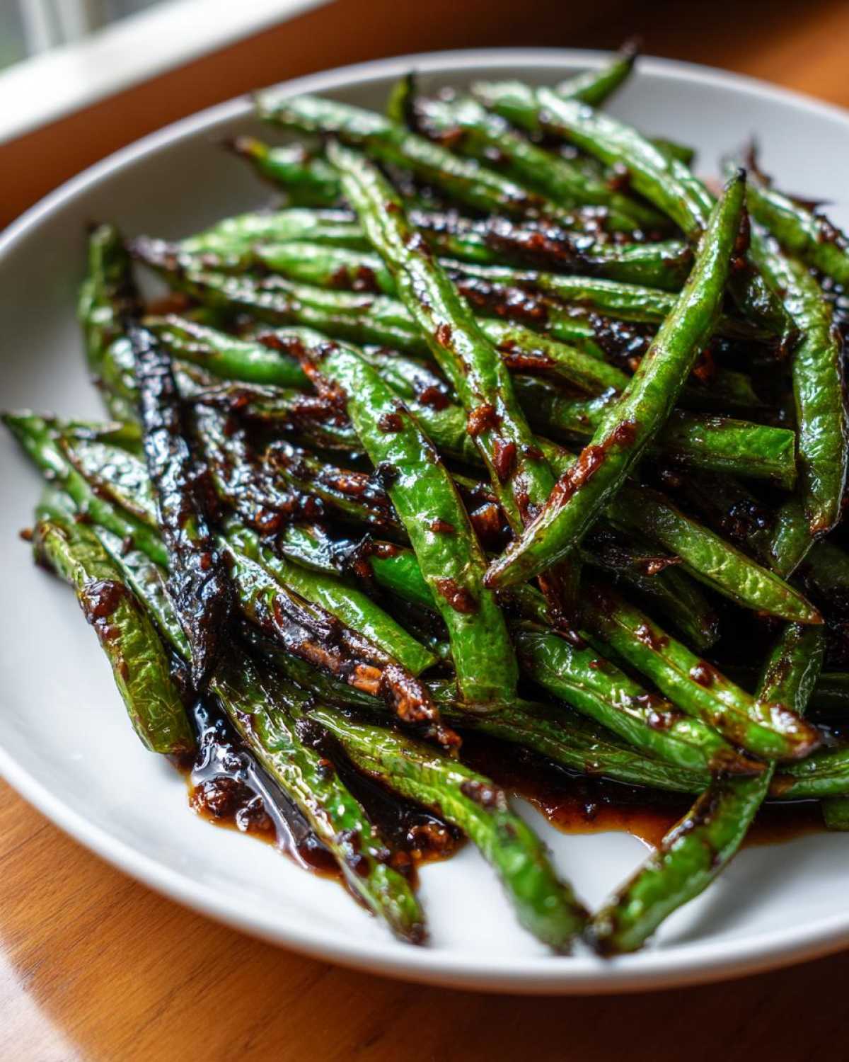 A close-up of vibrant green beans coated in a dark, savory garlic sauce, ready to serve.
