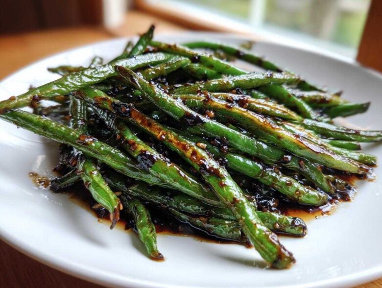 Close-up of bright green beans coated in a dark, glossy chinese green beans with garlic sauce on a white plate.
