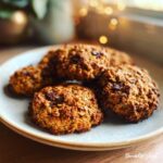 A plate holding several golden brown, textured breakfast cookie treats studded with chocolate chips.