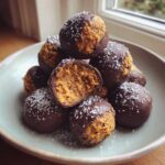 A stack of chocolate-dipped pecan pie balls sprinkled with sea salt, with one cut in half showing the filling.