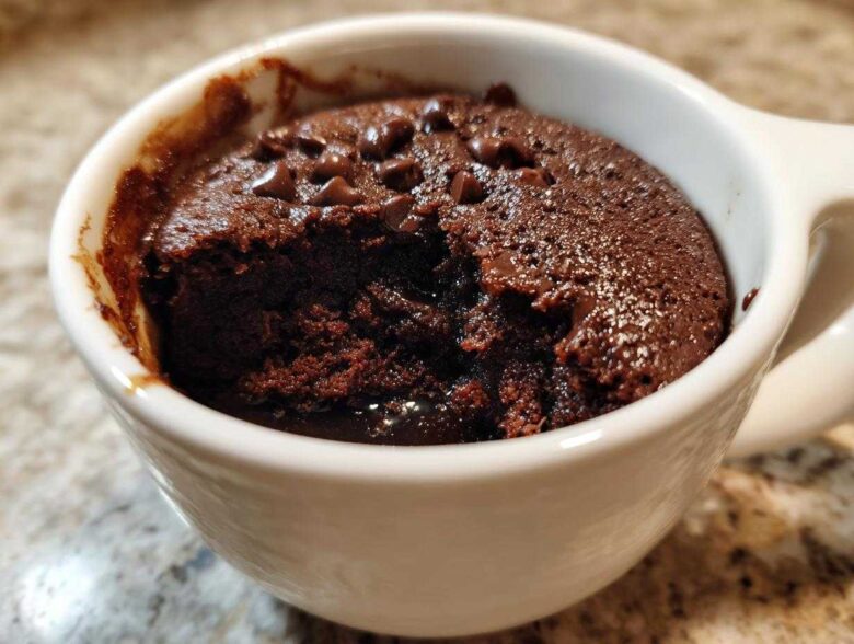 Close-up of a rich, dark chocolate mug cake with melted chocolate chips inside a white ceramic mug.