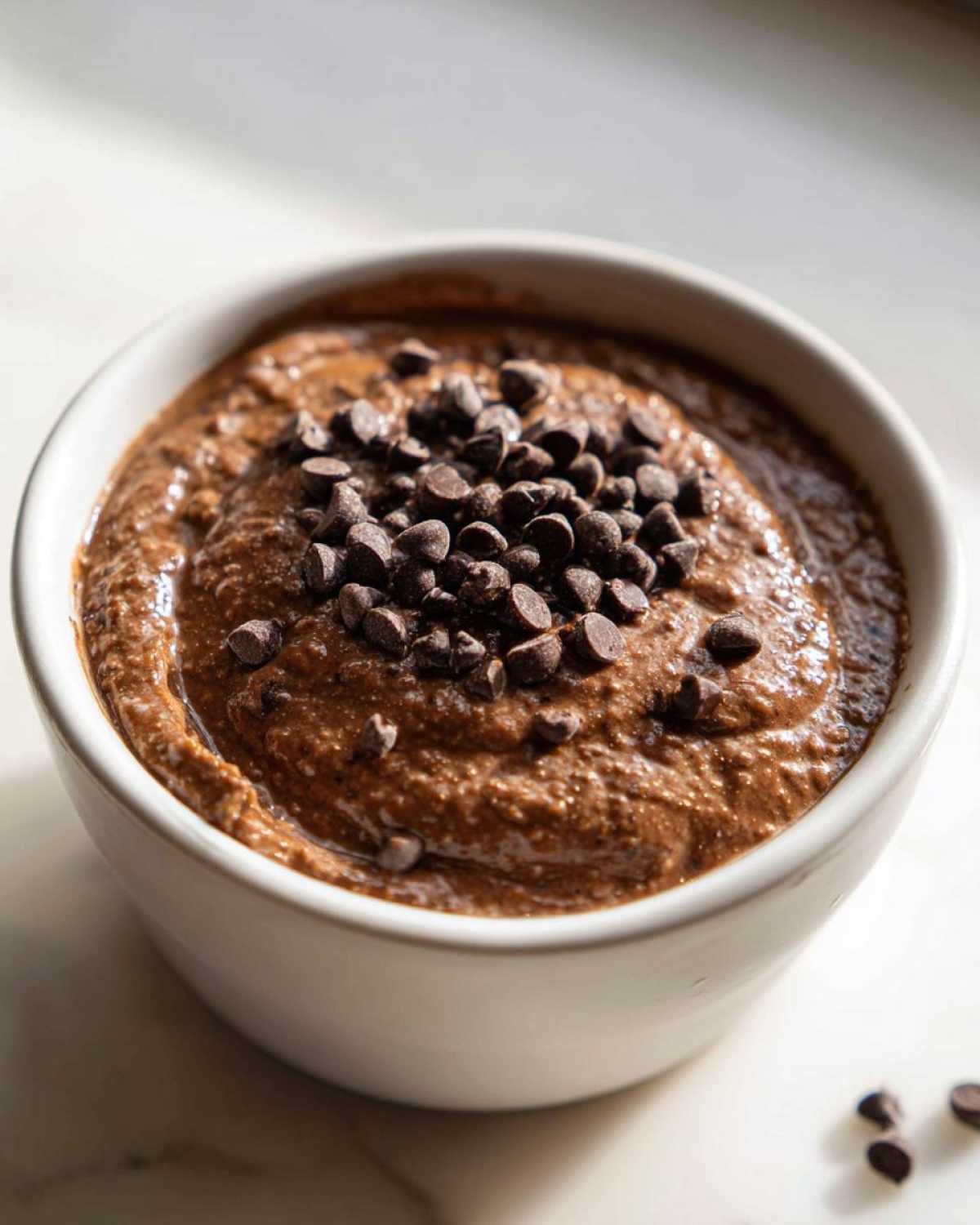 Close-up of creamy chocolate overnight oats in a white bowl, generously topped with mini chocolate chips.