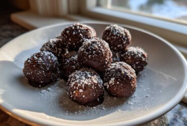 A plate of rich, chocolate-dipped pecan pie balls dusted generously with powdered sugar.