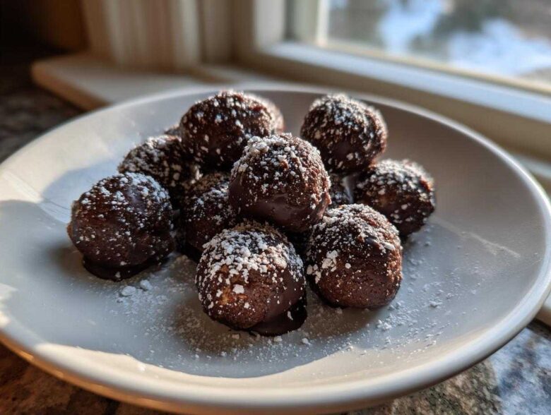 A plate of rich, chocolate-dipped pecan pie balls dusted generously with powdered sugar.