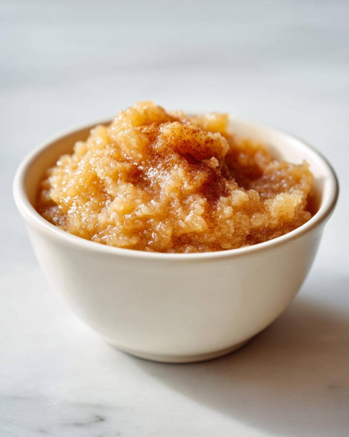 Close-up of chunky homemade applesauce, topped with a sprinkle of cinnamon, served in a small white bowl.