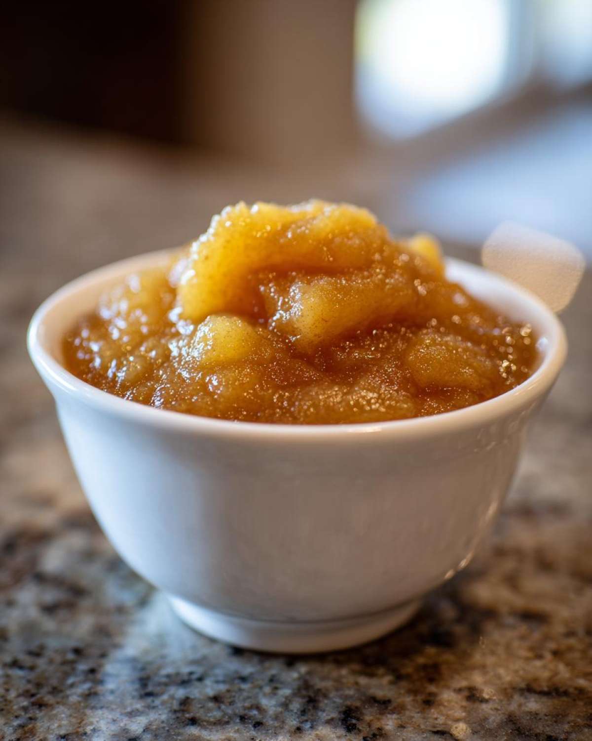 Close-up of chunky, golden brown homemade applesauce served in a small white bowl on a granite countertop.