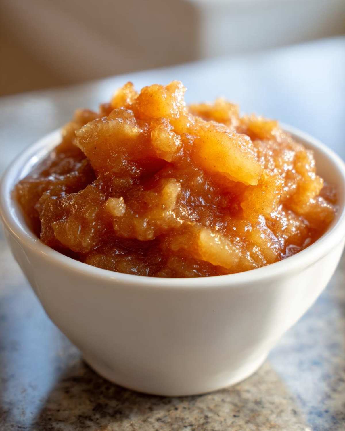 Close-up of chunky, homemade applesauce, rich brown in color, served in a small white bowl.