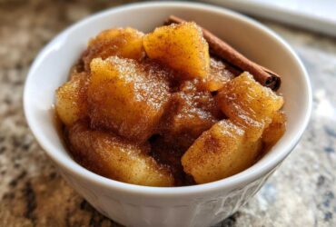 Close-up of chunky, spiced applesauce in a white bowl, garnished with a cinnamon stick.