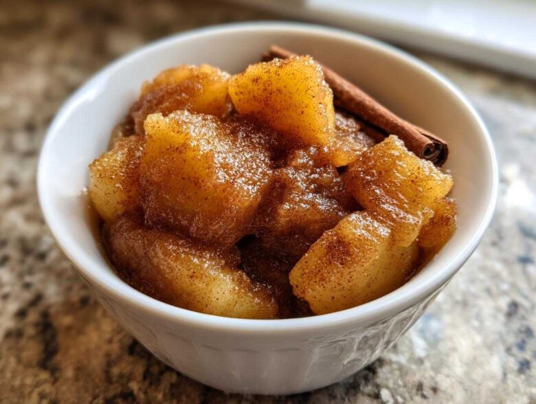 Close-up of chunky, spiced applesauce in a white bowl, garnished with a cinnamon stick.