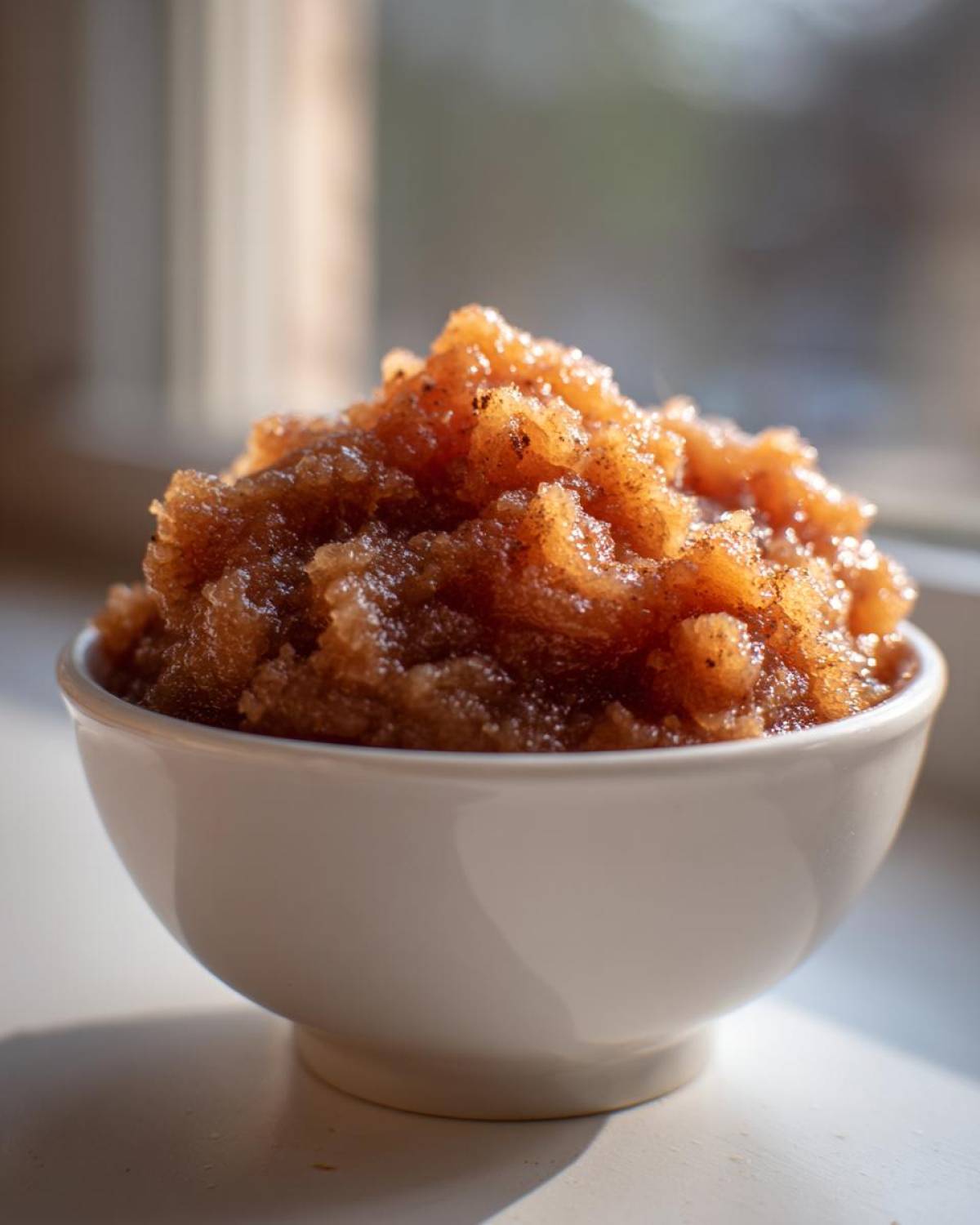 A close-up of chunky, dark brown homemade applesauce seasoned with cinnamon, served in a small white bowl.