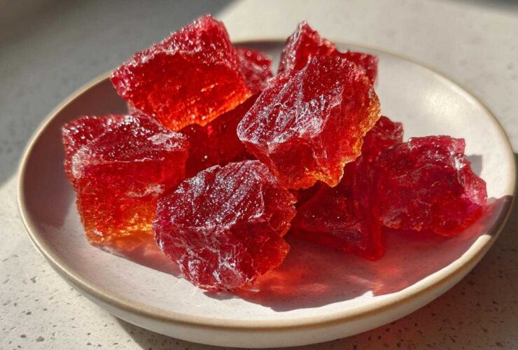 Close-up of vibrant red, crystalline chunks of homemade cinnamon rock candy resting on a small white plate.