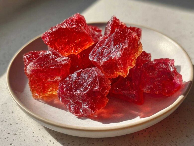 Close-up of vibrant red, crystalline chunks of homemade cinnamon rock candy resting on a small white plate.