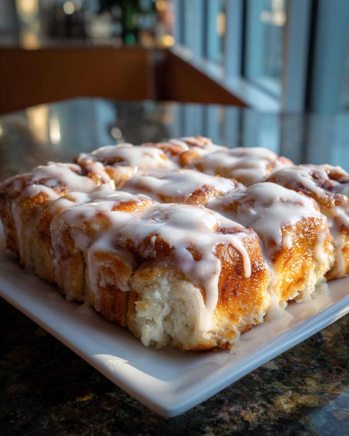 Close-up of a pan of freshly baked cinnamon roll casserole topped with thick white icing.