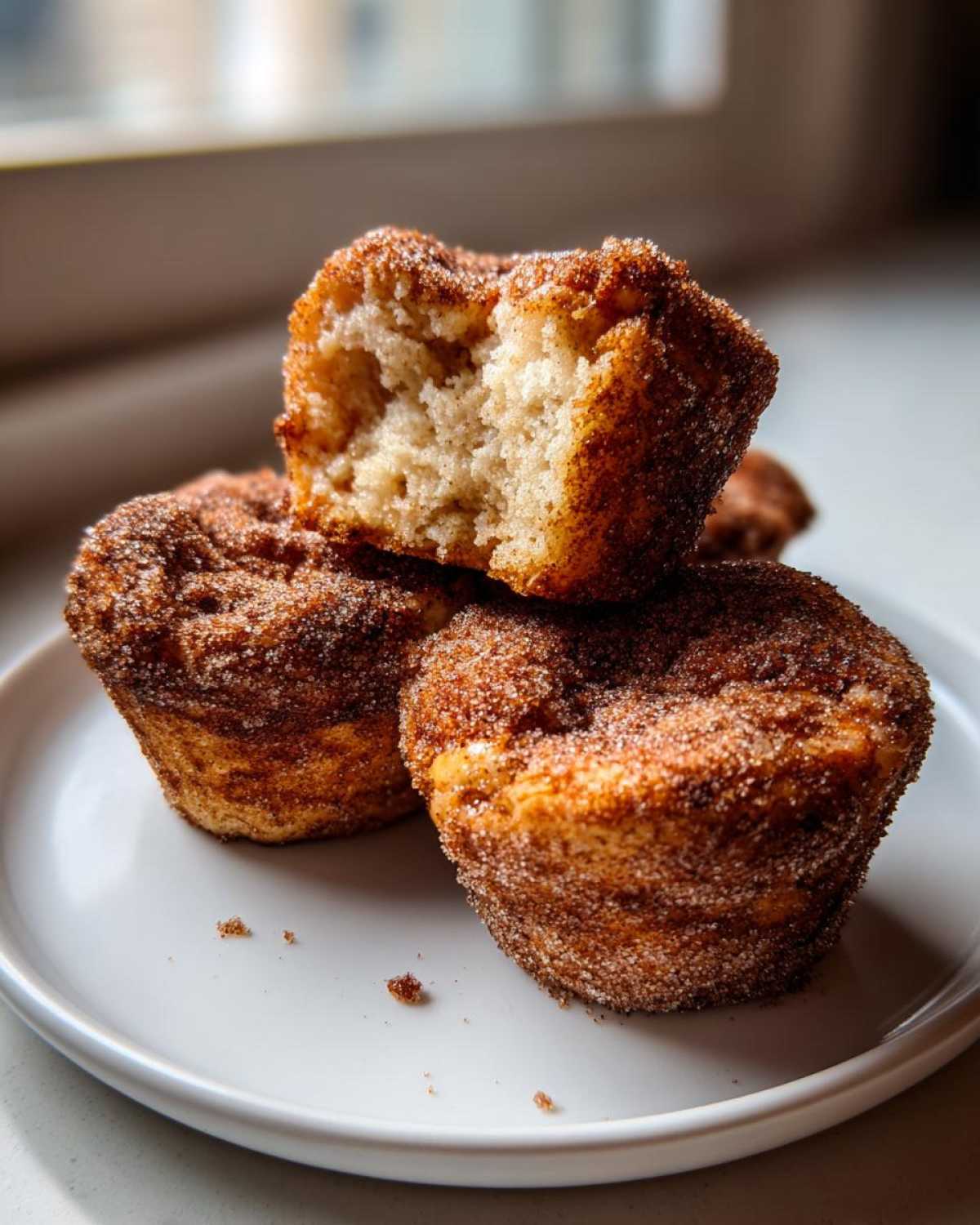 Three cinnamon sugar coated french toast muffins stacked on a white plate, one broken open to show the soft interior.