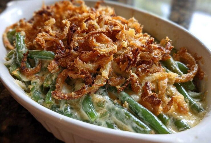 Close-up of a creamy green bean casserole topped generously with crispy fried onions.