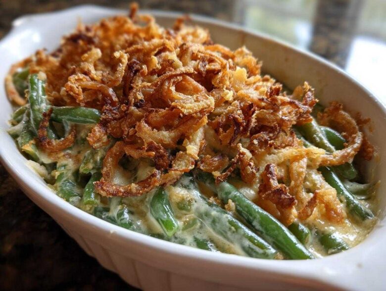 Close-up of a creamy green bean casserole topped generously with crispy fried onions.