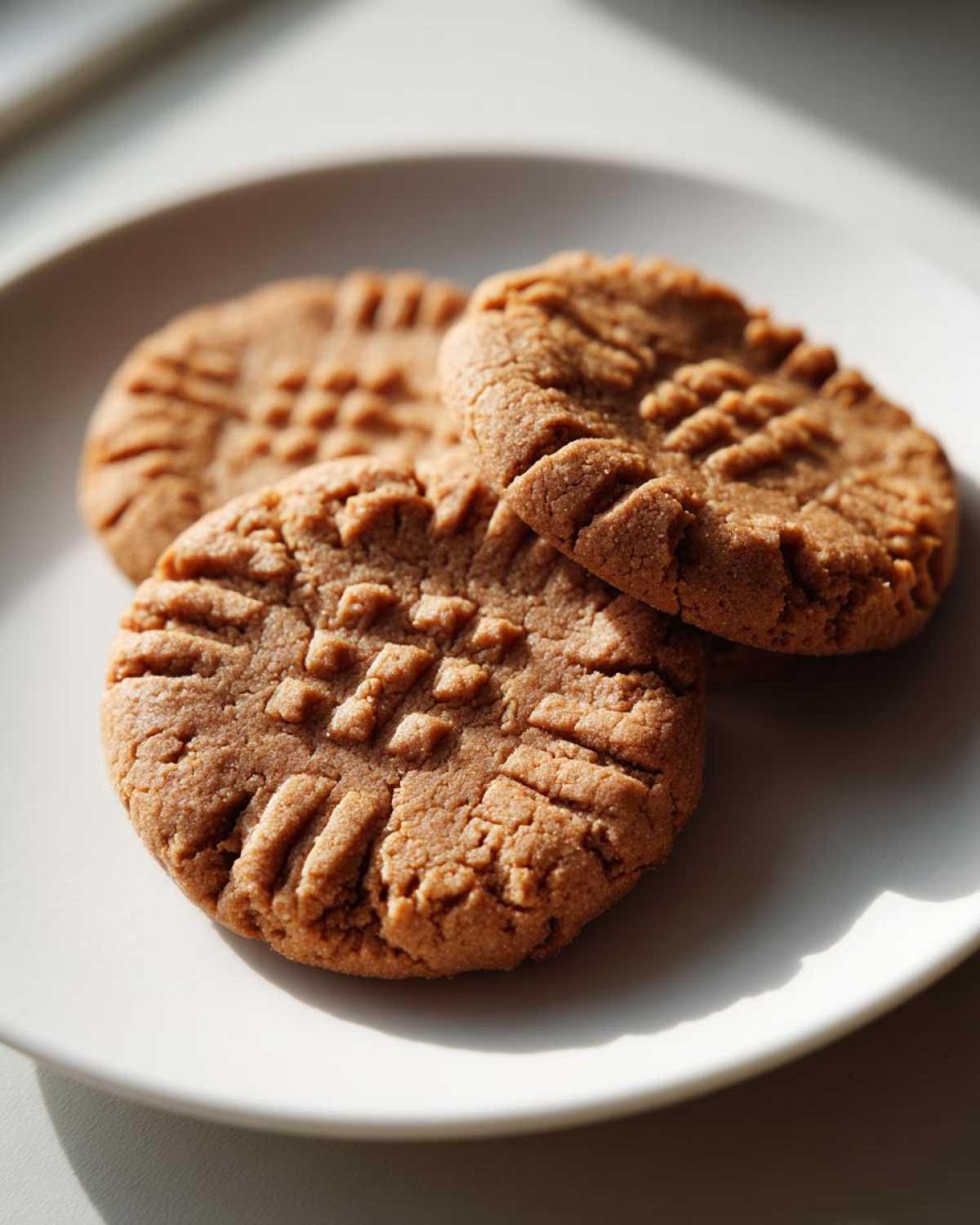 Three classic peanut butter cookies with fork marks stacked on a white plate, beautifully lit by natural light.