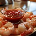 Plump, chilled shrimp arranged around a small glass bowl of zesty red shrimp cocktail sauce.