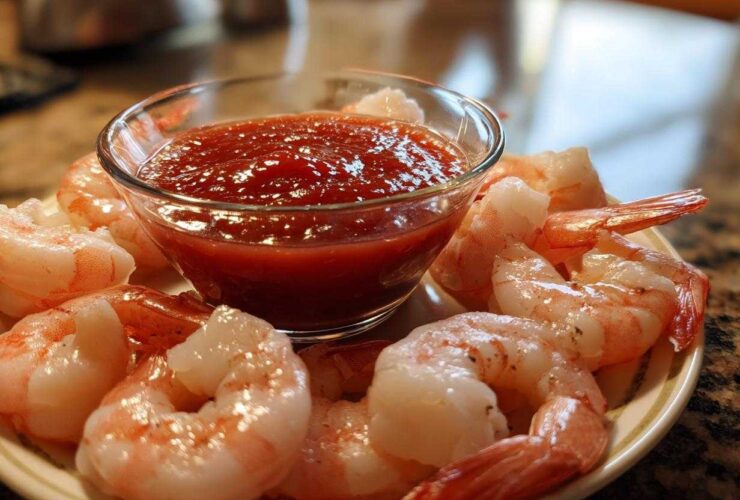 Plump, chilled shrimp arranged around a small glass bowl of zesty red shrimp cocktail sauce.