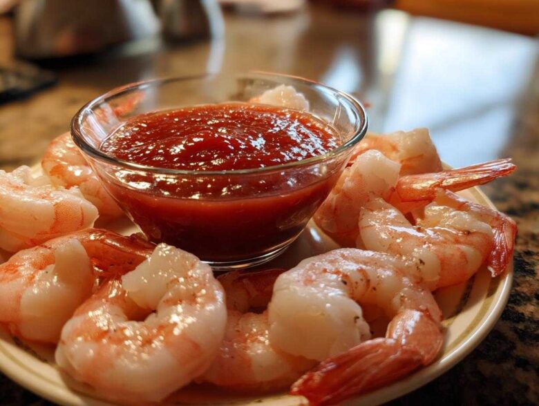Plump, chilled shrimp arranged around a small glass bowl of zesty red shrimp cocktail sauce.
