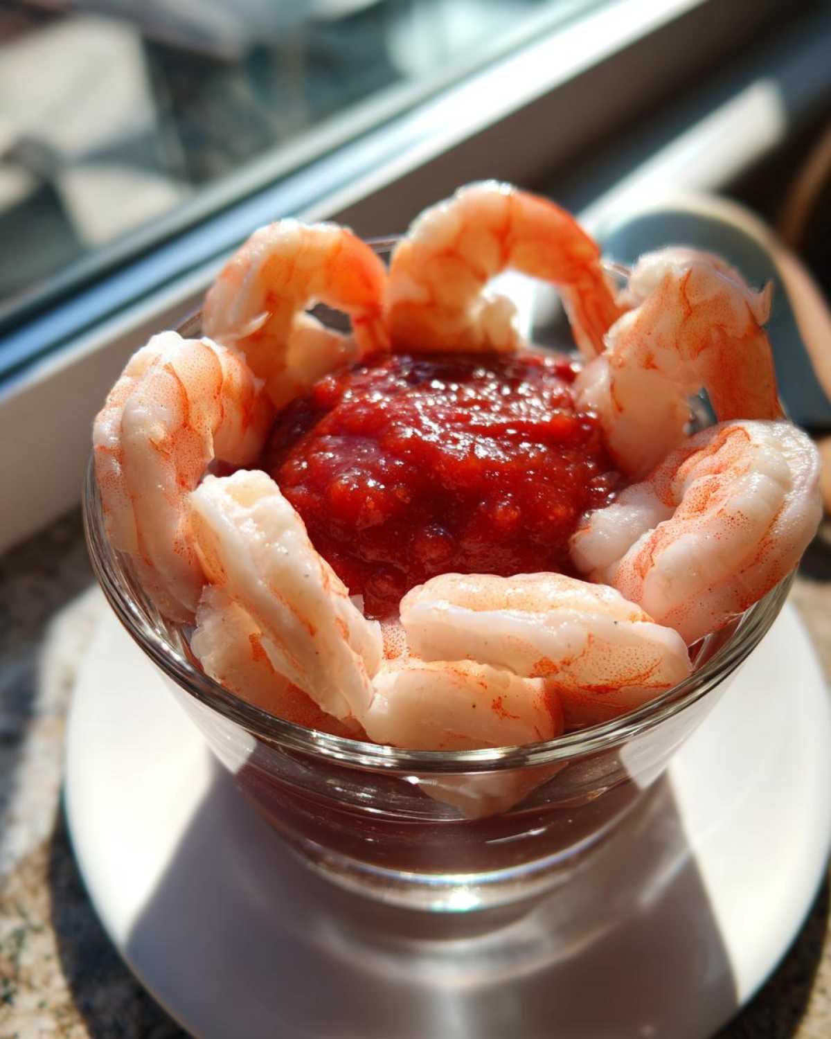 Close-up of chilled shrimp cocktail served in a glass with a mound of zesty red sauce in the center.