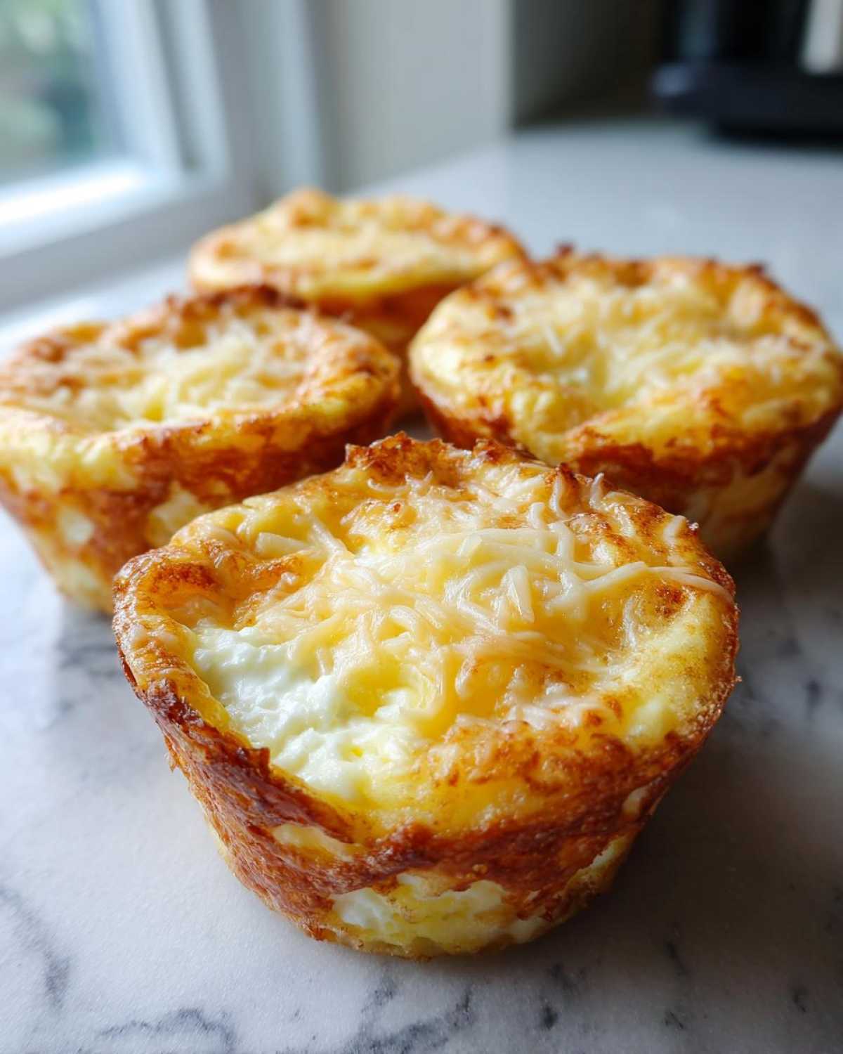 Four golden-brown cottage cheese egg cups starbucks hack muffins topped with melted shredded cheese.