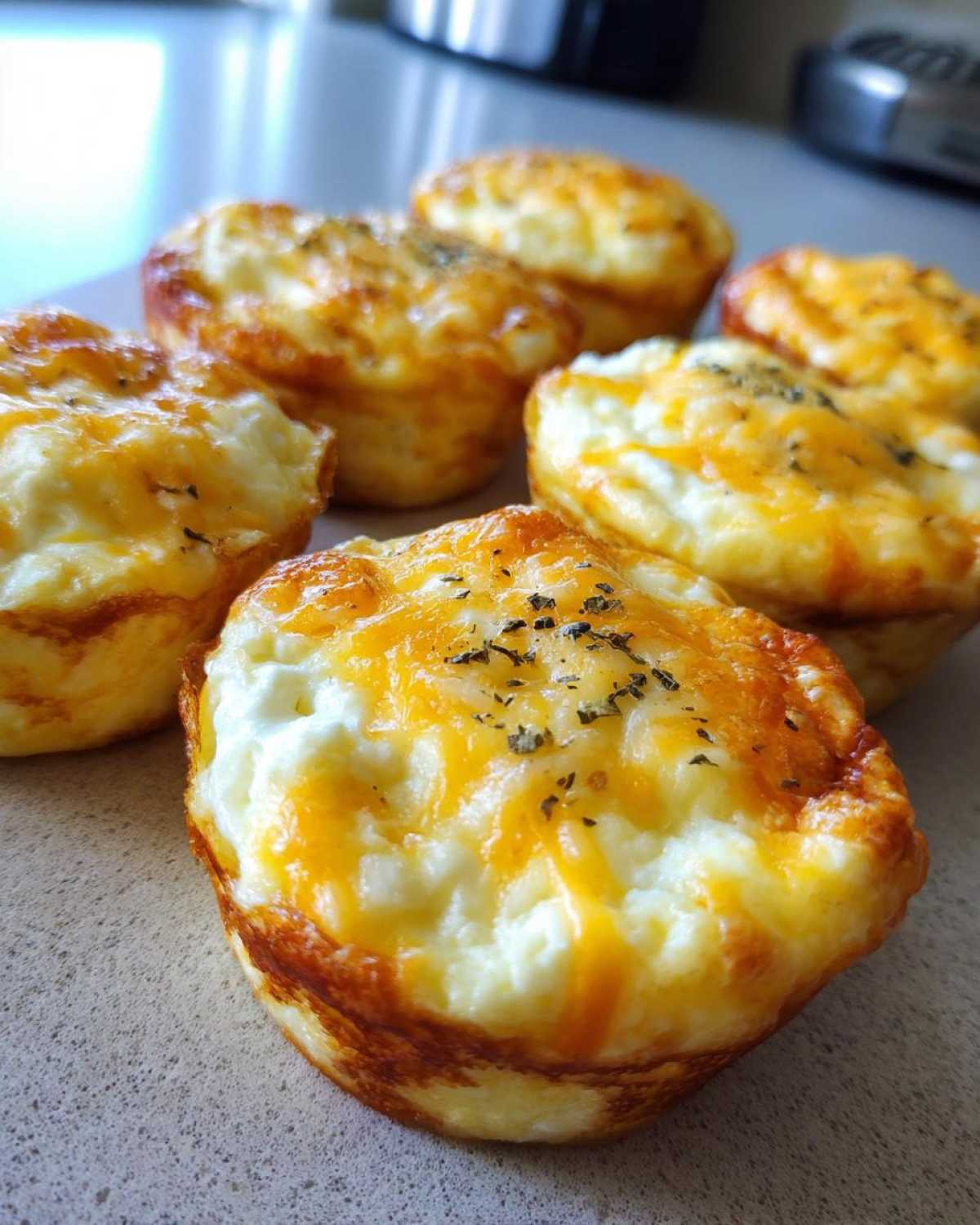 Close-up of several baked cottage cheese egg cups starbucks hack topped with melted cheddar cheese and herbs.