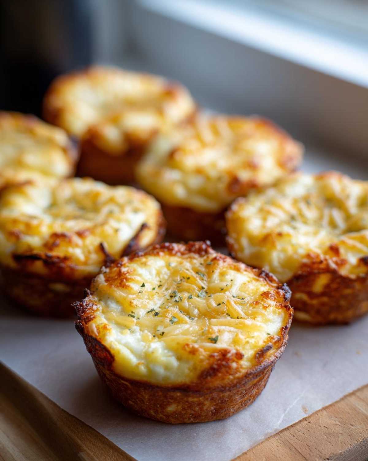 Close-up of a freshly baked cottage cheese egg cups starbucks hack muffin with melted cheese topping.
