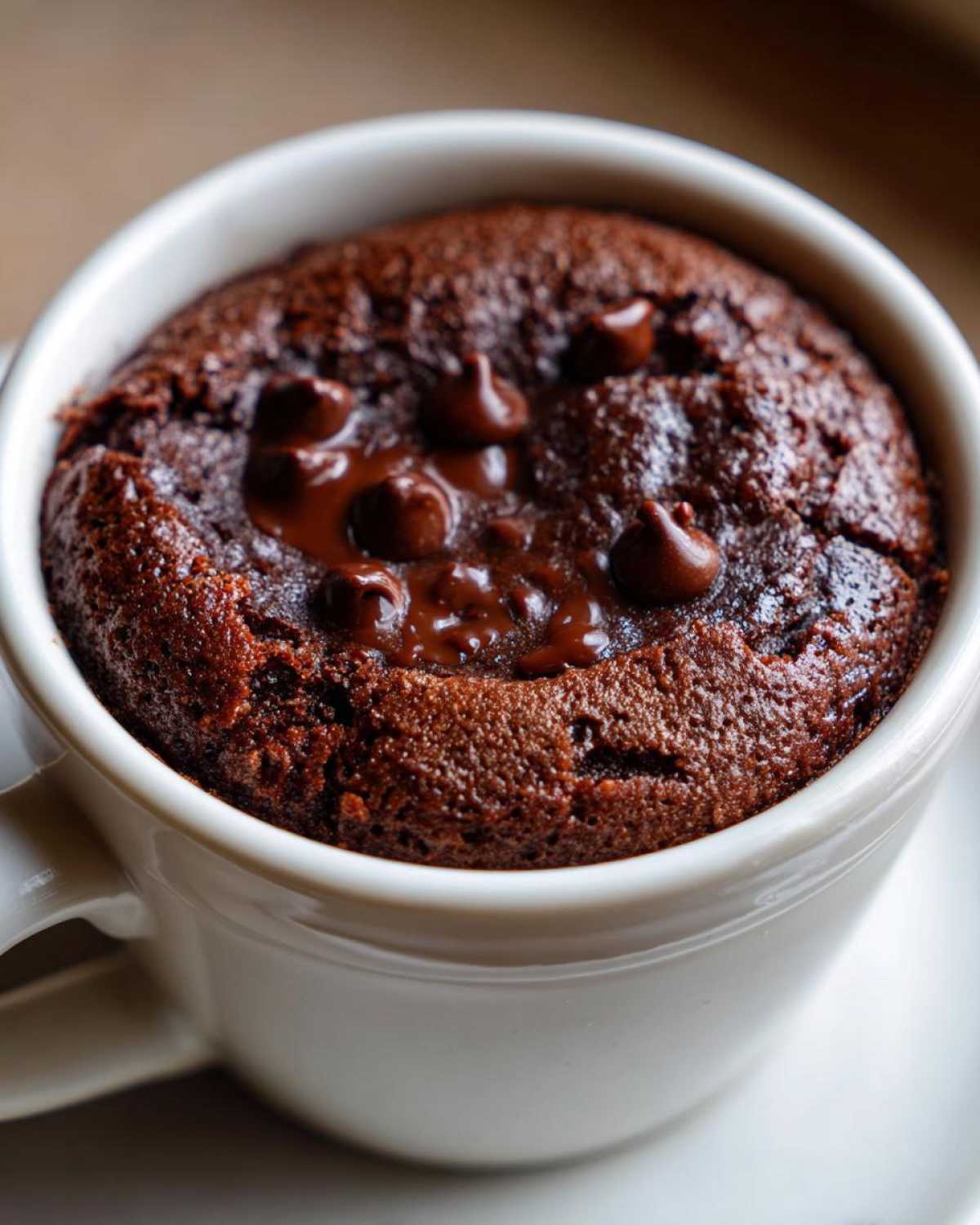 Close-up of a warm Cottage Cheese Microwave Brownie baked in a white mug with melted chocolate chips on top.