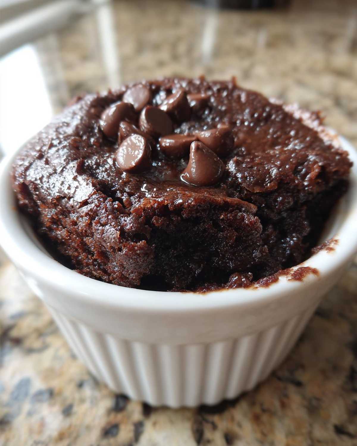 Close-up of a rich, dark chocolate Cottage Cheese Microwave Brownie topped with melted chocolate chips in a white ramekin.