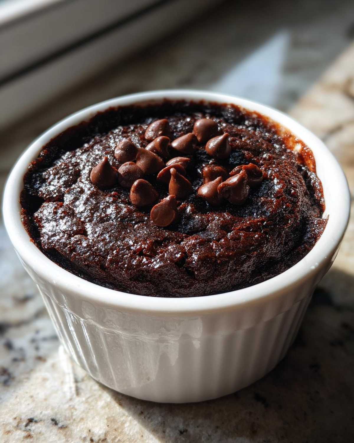 Close-up of a rich, dark Cottage Cheese Microwave Brownie topped with chocolate chips in a white ramekin.